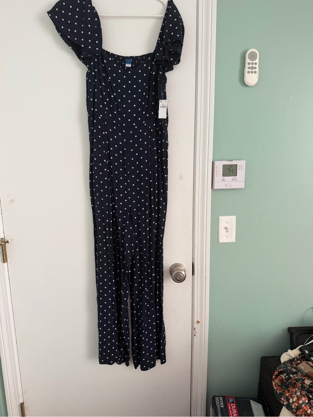 Old Navy Navy Polka Dot Ruffle-Shoulder Jumpsuit